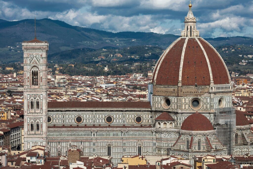 Aerial view of Florence Cathedral, Giotto’s Bell Tower, and Baptistery