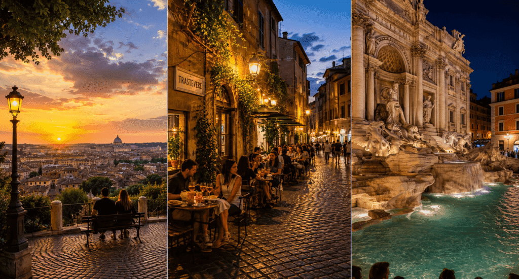 Evening itinerary Rome at night Gianicolo sunset, Trastevere aperitivo, Trevi Fountain