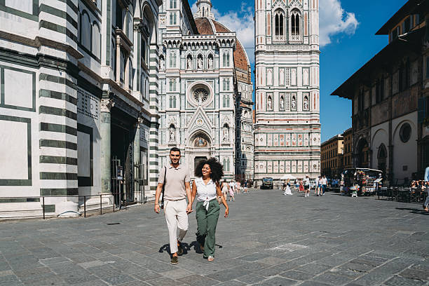 Exterior view of Florence Cathedral (Duomo) with Brunelleschi’s dome in Florence Italy