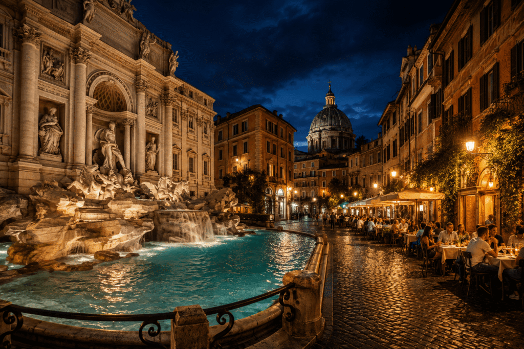 First time in Rome at night tips Trevi Fountain, Trastevere cobblestone streets evening