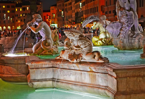 Bernini’s Fountain of the Four Rivers in Piazza Navona at night
