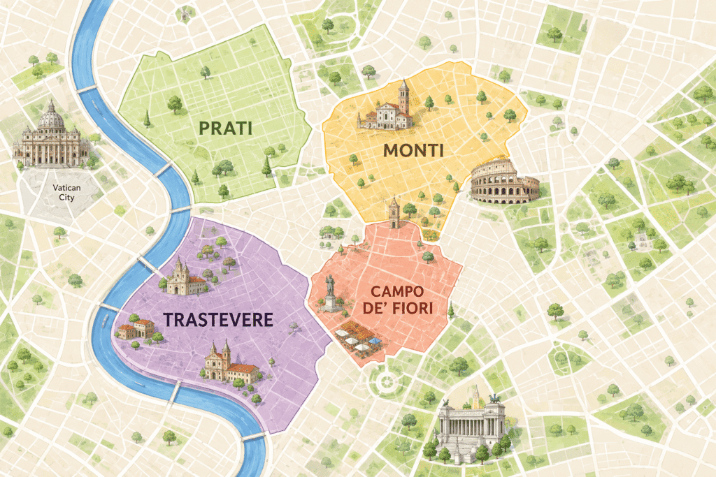 Rome neighbourhoods at night map Trastevere, Monti, Campo de Fiori, Prati evening guide
