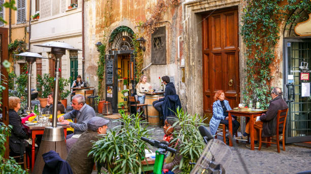 Rustic Roman trattoria interior with locals enjoying pasta and wine.