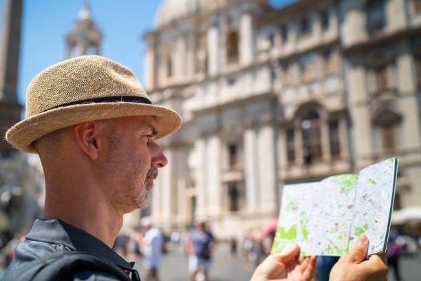 Traveler exploring food in Rome Italy using a map of local restaurants and food tour routes