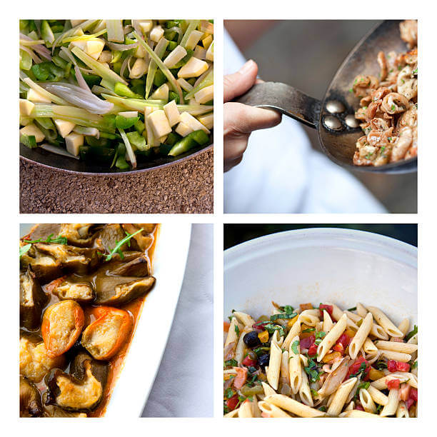 Traditional Roman dishes — Amatriciana pasta, Supplì rice balls, and Carciofi alla Romana artichokes in Rome, Italy.