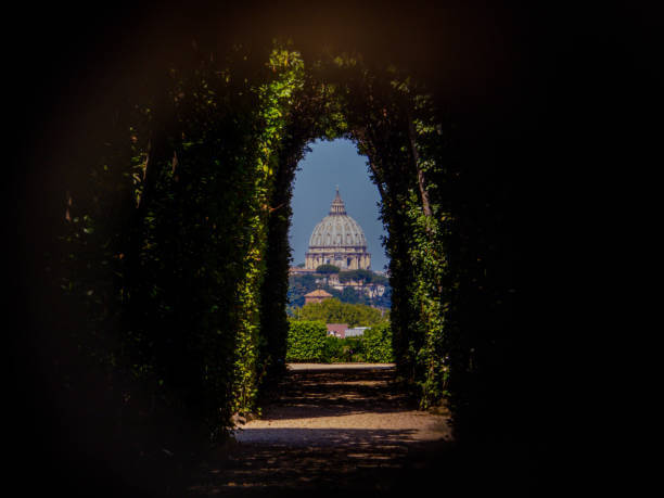 Aventine Keyhole view framing St. Peter’s Dome in Rome.