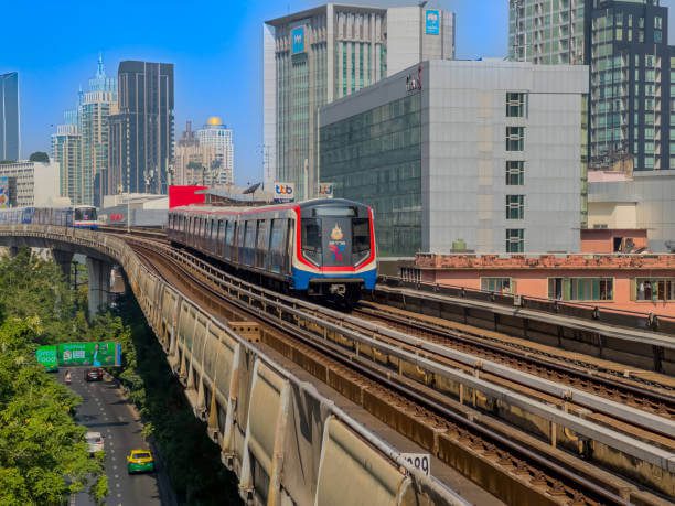 BTS Skytrain moving above Bangkok city