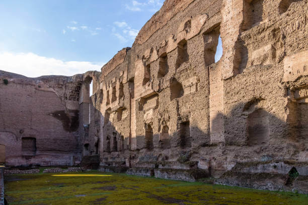 A panoramic shot of the towering ruins of the Baths of Caracalla