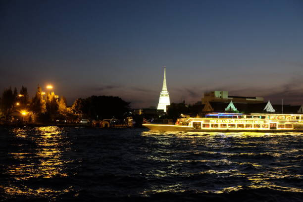 Chao Phraya River boat ride in Bangkok with temple views and sunset light