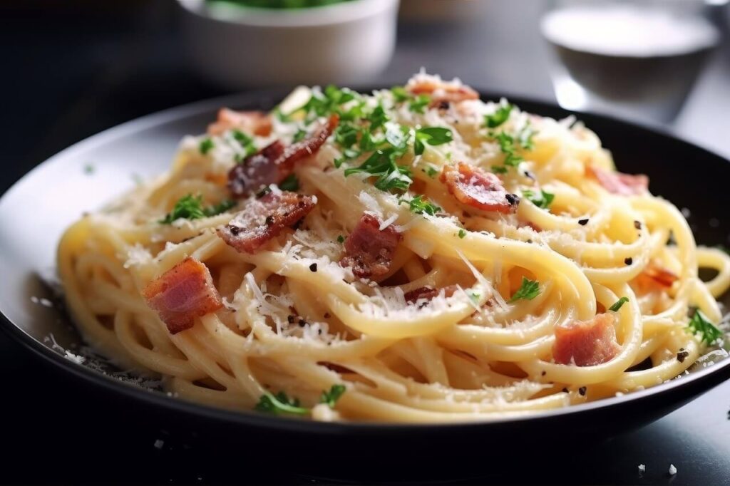 Classic Roman Pasta Carbonara made with eggs, guanciale, Pecorino Romano, and black pepper, served in a traditional Italian trattoria.