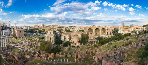 Panoramic view of Roman Forum ruins with ancient temples and arches under blue sky.