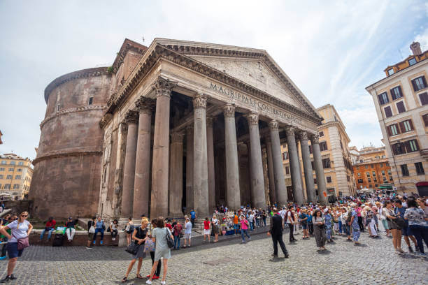 Pantheon in Rome with grand columns and tourists in Piazza della Rotonda.