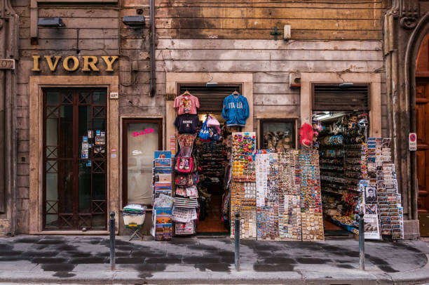 Vintage clothing store in Monti, Rome, with racks of retro jackets and accessories