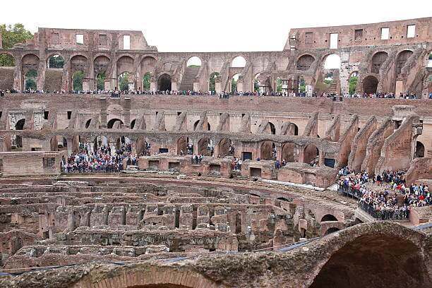 Panoramic view of the Roman Forum and Colosseum from a terrace in Rome