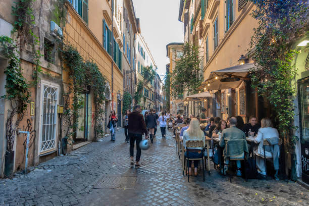 Monti neighborhood in Rome with cobblestone streets and local trattoria