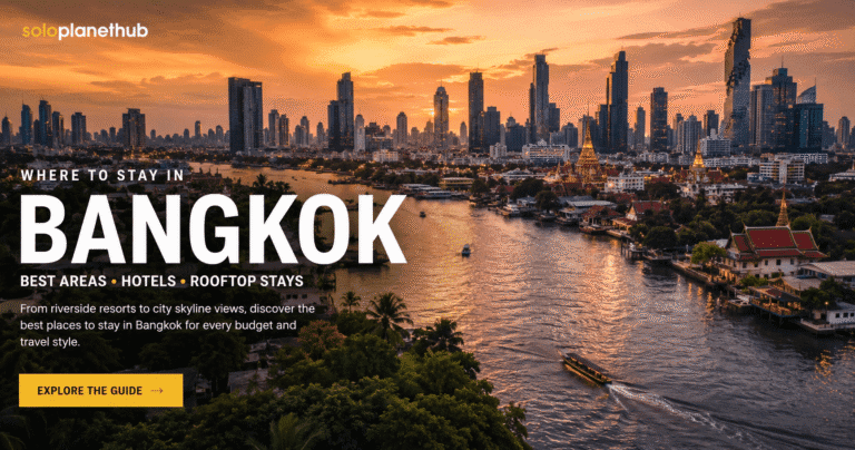Bangkok skyline at golden hour with Chao Phraya River where to stay in Bangkokg guide