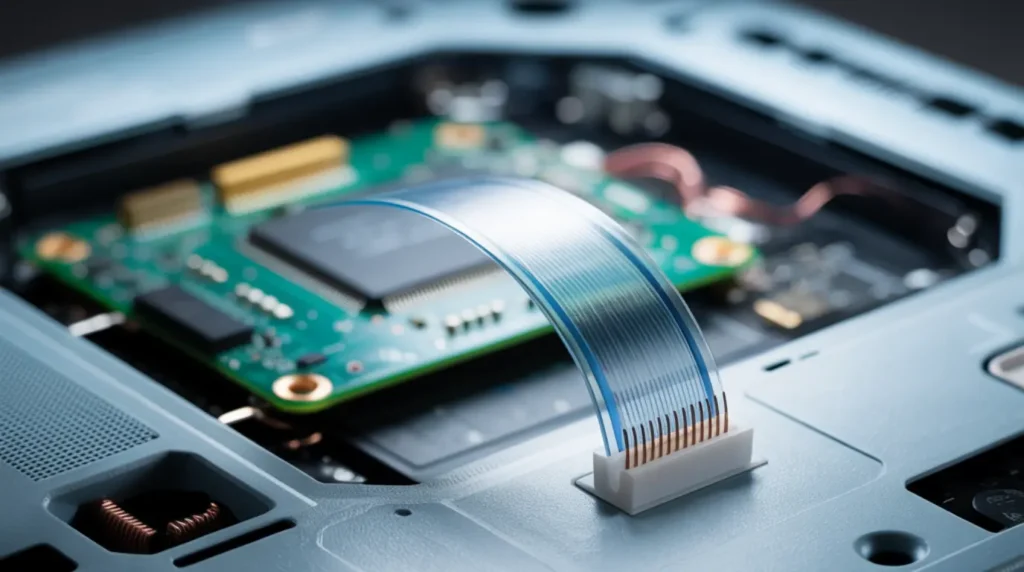 
Close-up of a desktop monitor's internal display cable partially disconnected from its socket, showing a common cause of bottom screen flickering.