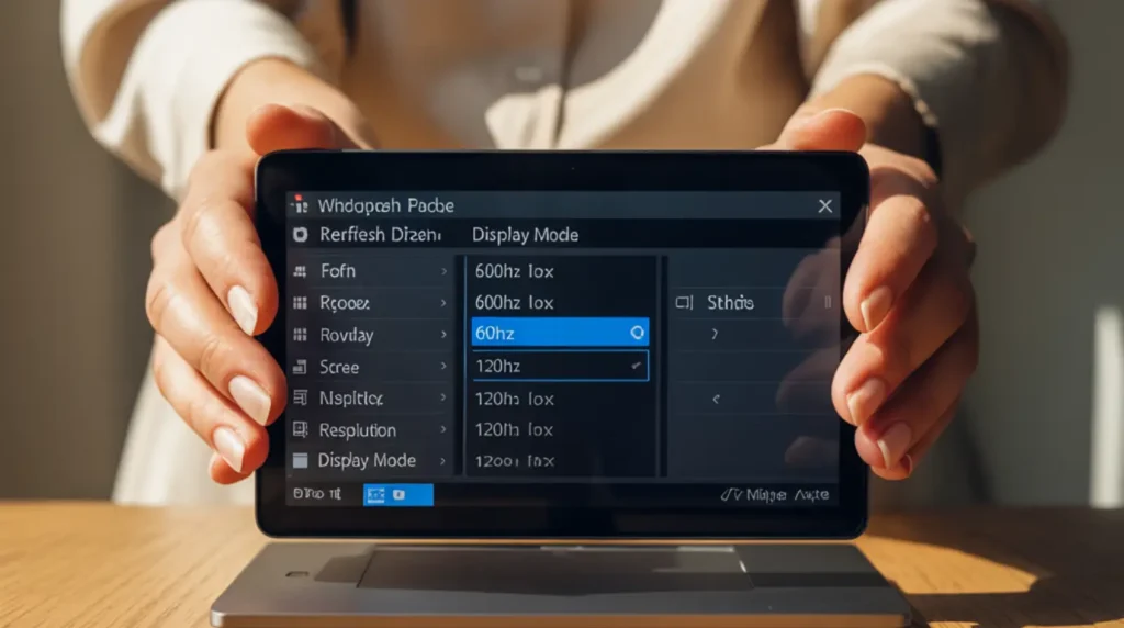 Hands adjusting display refresh rate and resolution settings on a laptop to fix second screen projection lag.
