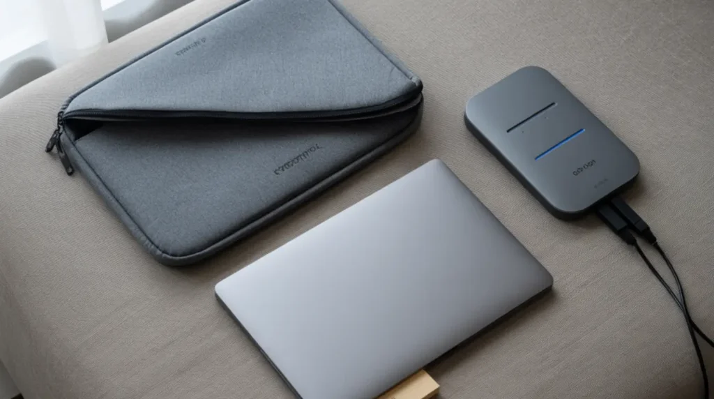 A laptop displayed with a protective sleeve and cooling pad on a grey surface to help prevent screen ghosting and damage.
