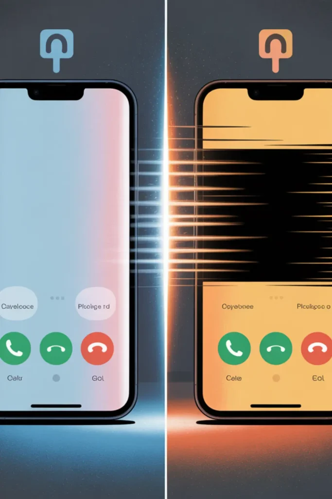 Side-by-side comparison showing a normal phone call display on the left versus a flickering screen caused by proximity sensor interference on the right.