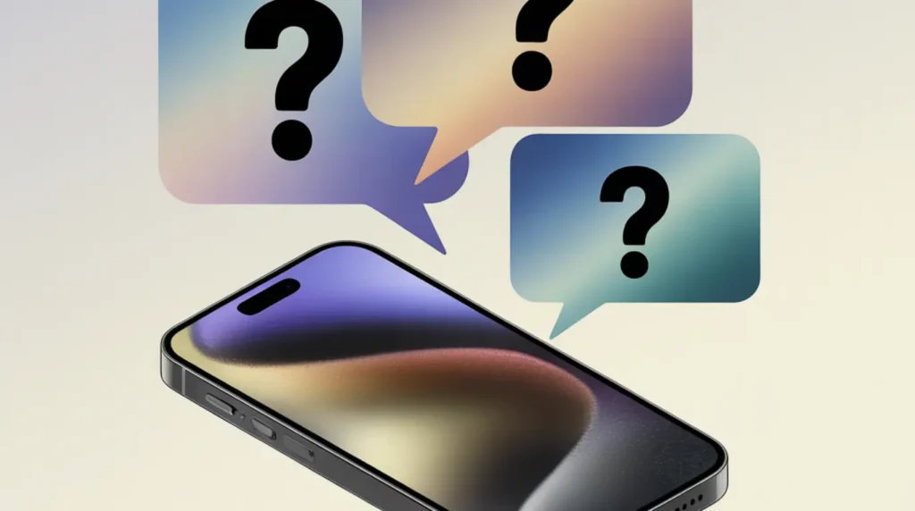 iPhone 14 Pro Max with floating question mark bubbles representing frequently asked questions about green screen flickering problems.
