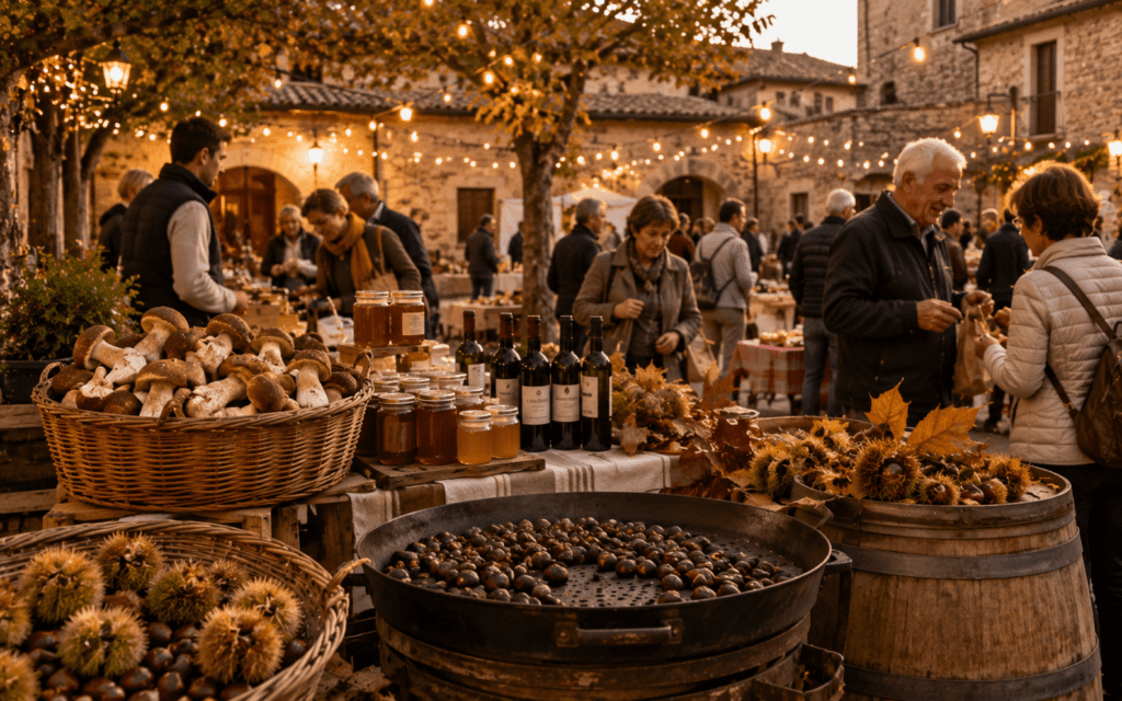 Italian sagra harvest festival in October outdoor village food stalls with chestnuts, mushrooms, wine