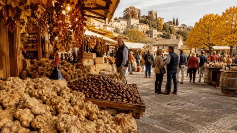Festivals in Italy in October Alba White Truffle Festival market with white truffles on wooden stalls and warm harvest season lighting in Piedmont