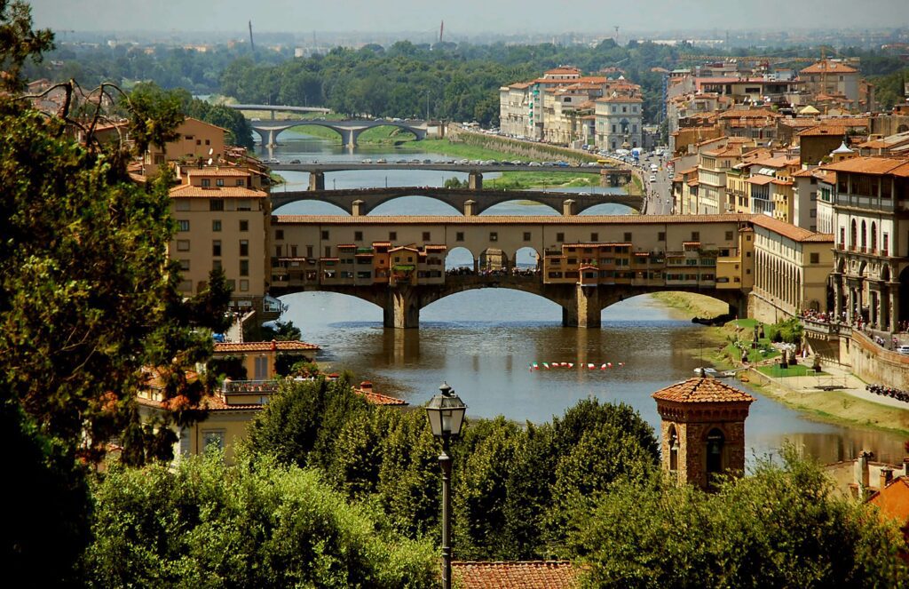  Florence italy weather in October the Arno river with Ponte Vecchio bridge