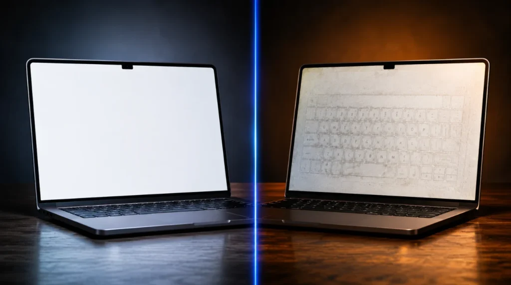 Side-by-side comparison showing a clean laptop screen versus a screen with keyboard marks from key oil transfer.
