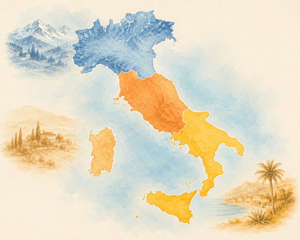 Map illustration of Italy showing north, central, and south regional
