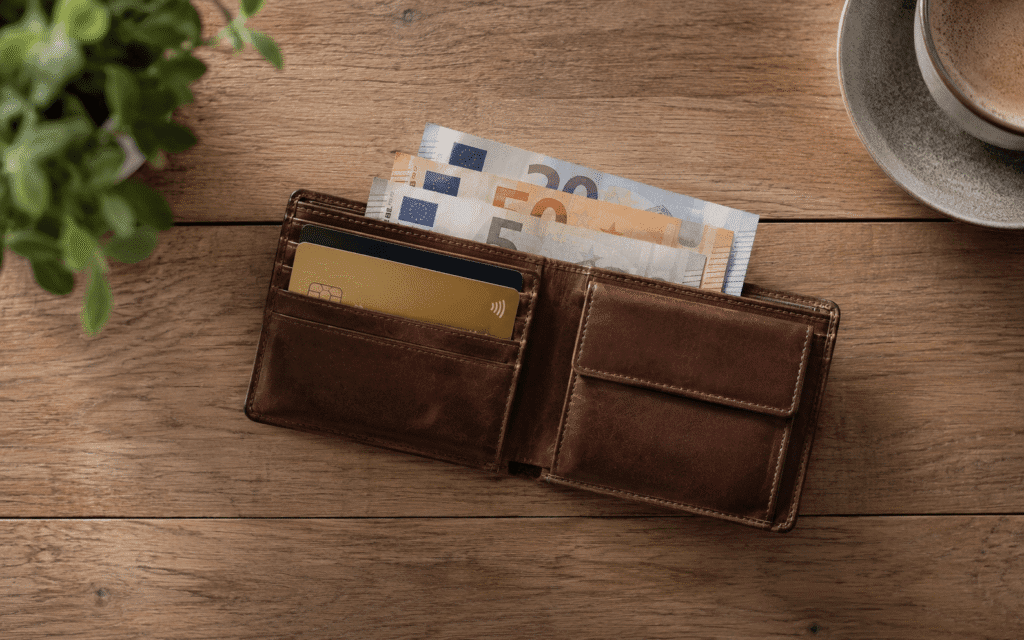Money tip for travel tips for italy in october wallet with Euro notes and a bank card