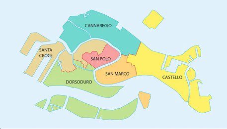 Venice neighborhood map showing
Cannaregio Dorsoduro San Marco areas Italy