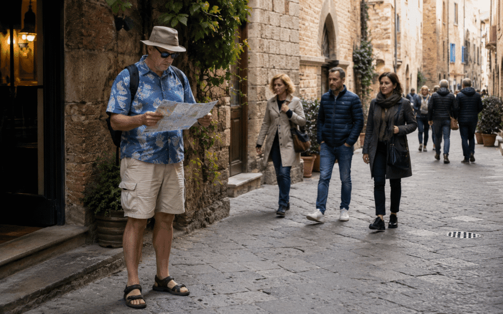 What not to do in travel tips for italy in october tourist in flip flops and shorts looking at a map outside an Italian church