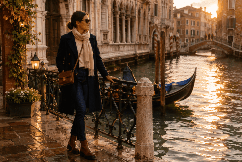 What to wear in Venice Italy in October woman in wool coat and waterproof boots beside canal with autumn light on the water
