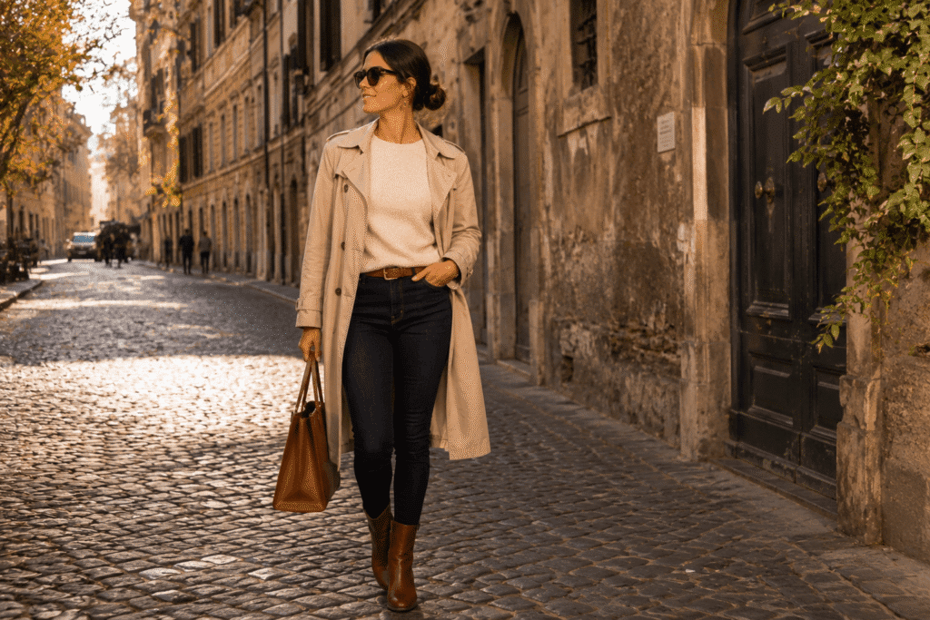 What to wear in central Italy in October woman in trench coat jeans and ankle boots on cobblestone street in Rome