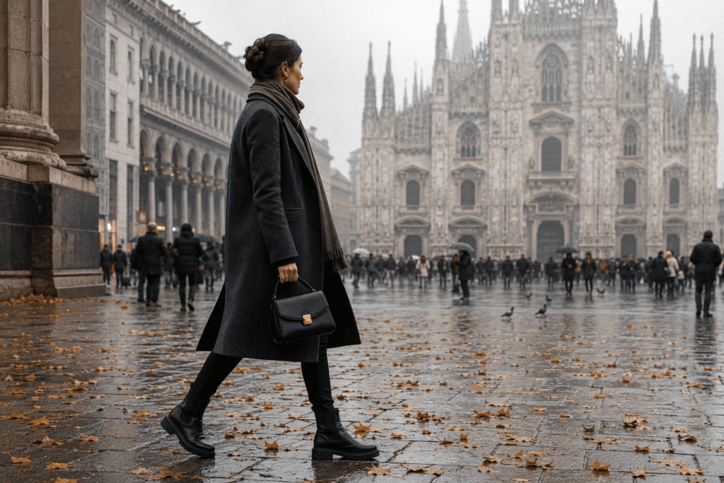 What to wear in northern Italy in October walking in misty Milan Duomo piazza