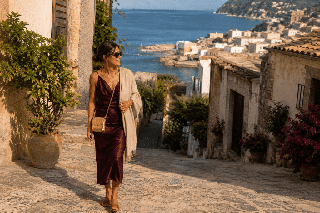 What to wear in southern Italy in October woman in silk midi dress and flat leather sandals