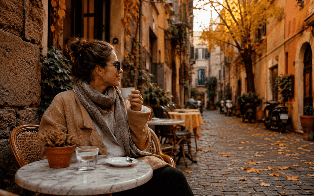 traveller relaxing at an outdoor Italian café table in autumn