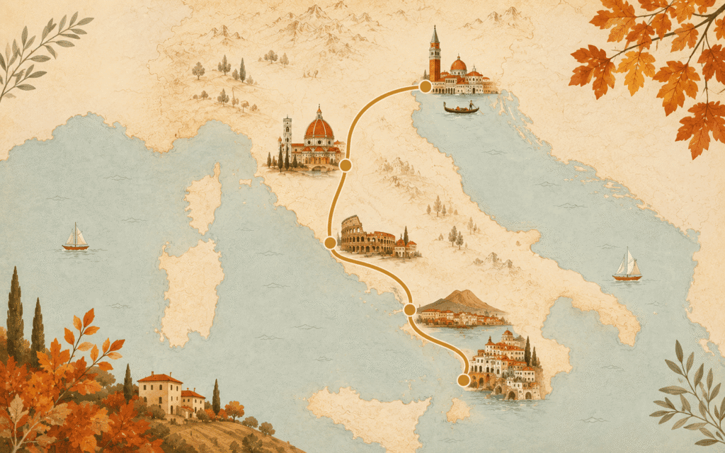 10-day Italy in October itinerary map showing Rome to Naples to Amalfi to Florence to Venice in a logical south-to-north flow
