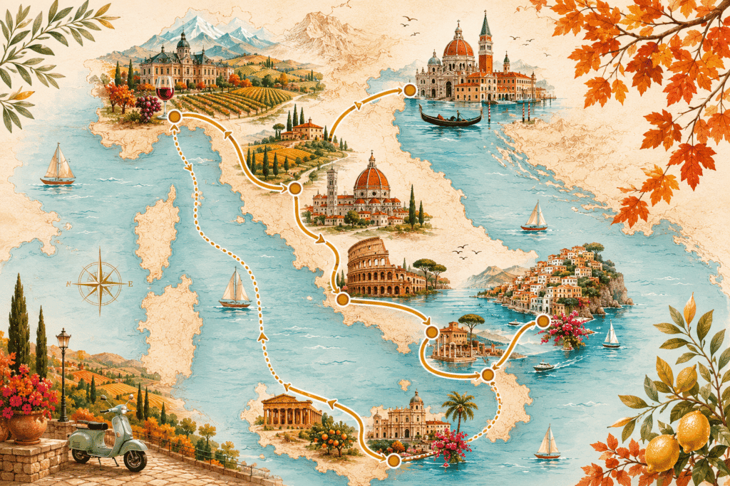 14-day Italy in October itinerary route comprehensive map showing Rome, Amalfi, Sicily, Florence, Tuscany, Piedmont, Venice in a complete Italy circuit