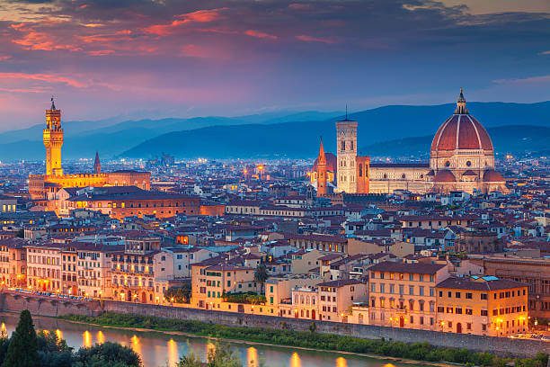 3 days in Florence panoramic golden sunset view from Piazzale Michelangelo over Florence city with Duomo dome