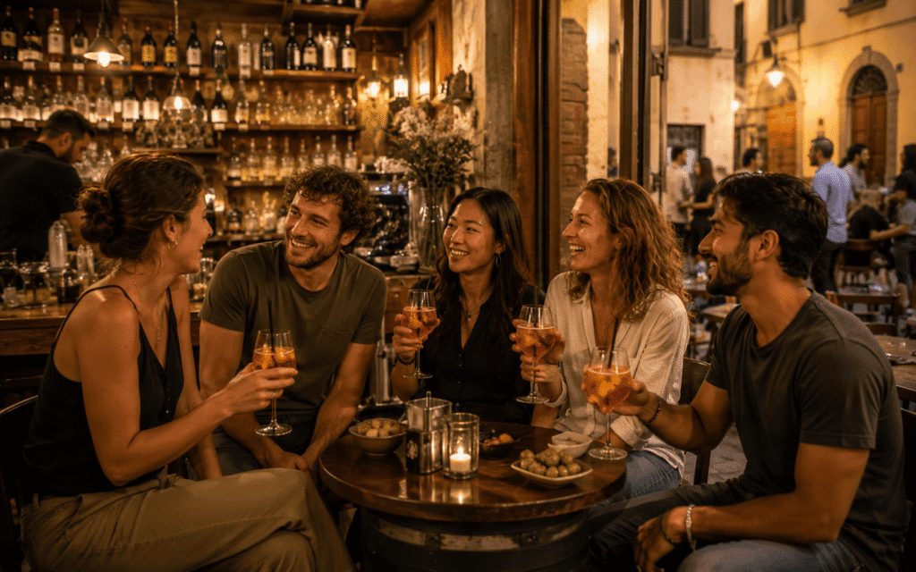 Apps to meet people solo traveling in Florence group of solo travelers who met through a travel app having drinks at an Oltrarno aperitivo bar