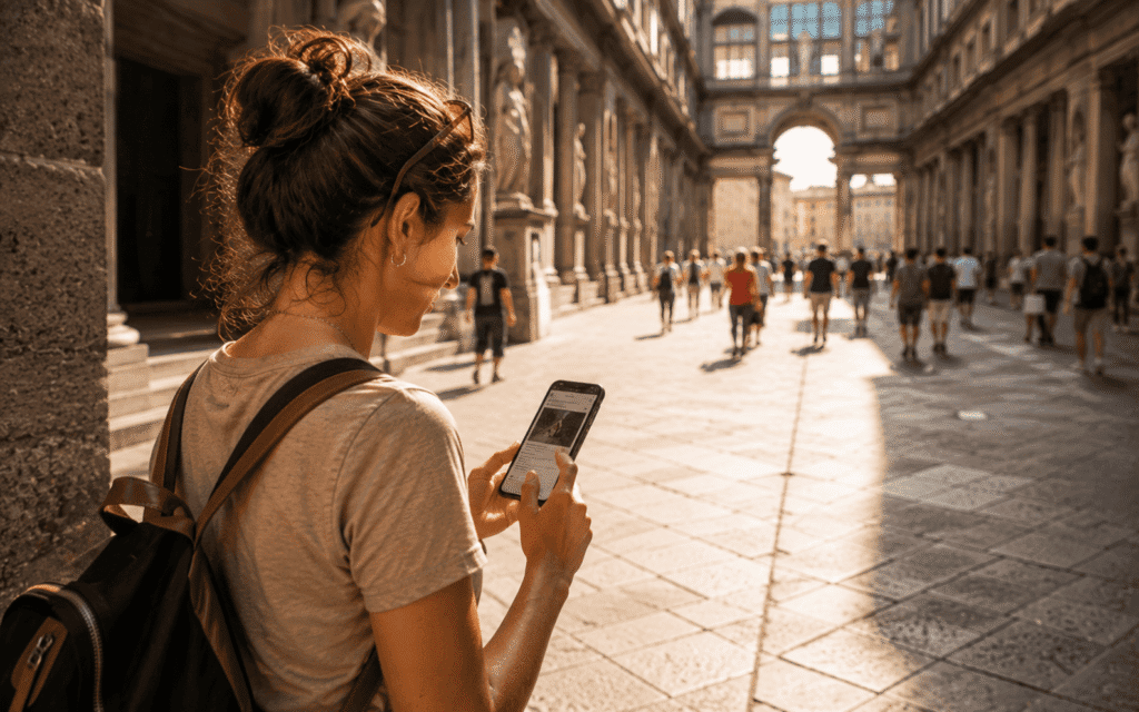 Best Apps for Solo Travel in Florence booking Uffizi Gallery ticket on smartphone outside the museum in golden afternoon light