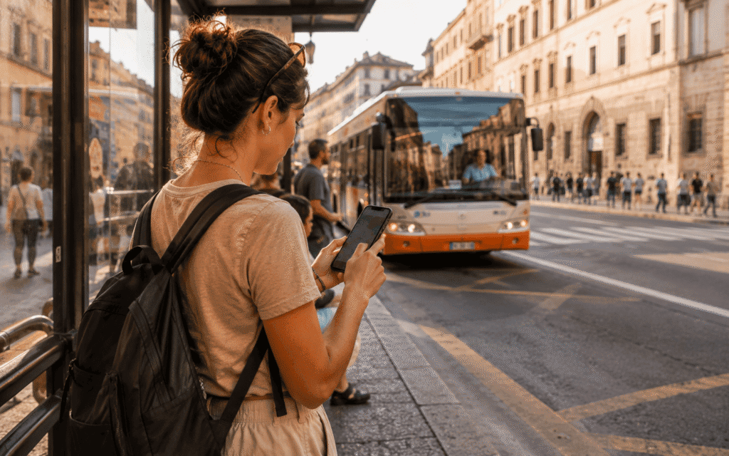  Best apps for solo travel in Florence solo traveler using transport app on phone at a Florence bus stop with city view