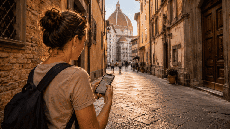 Best apps for solo travel in Florence solo traveler using smartphone navigation app on cobblestone street near Florence Duomo