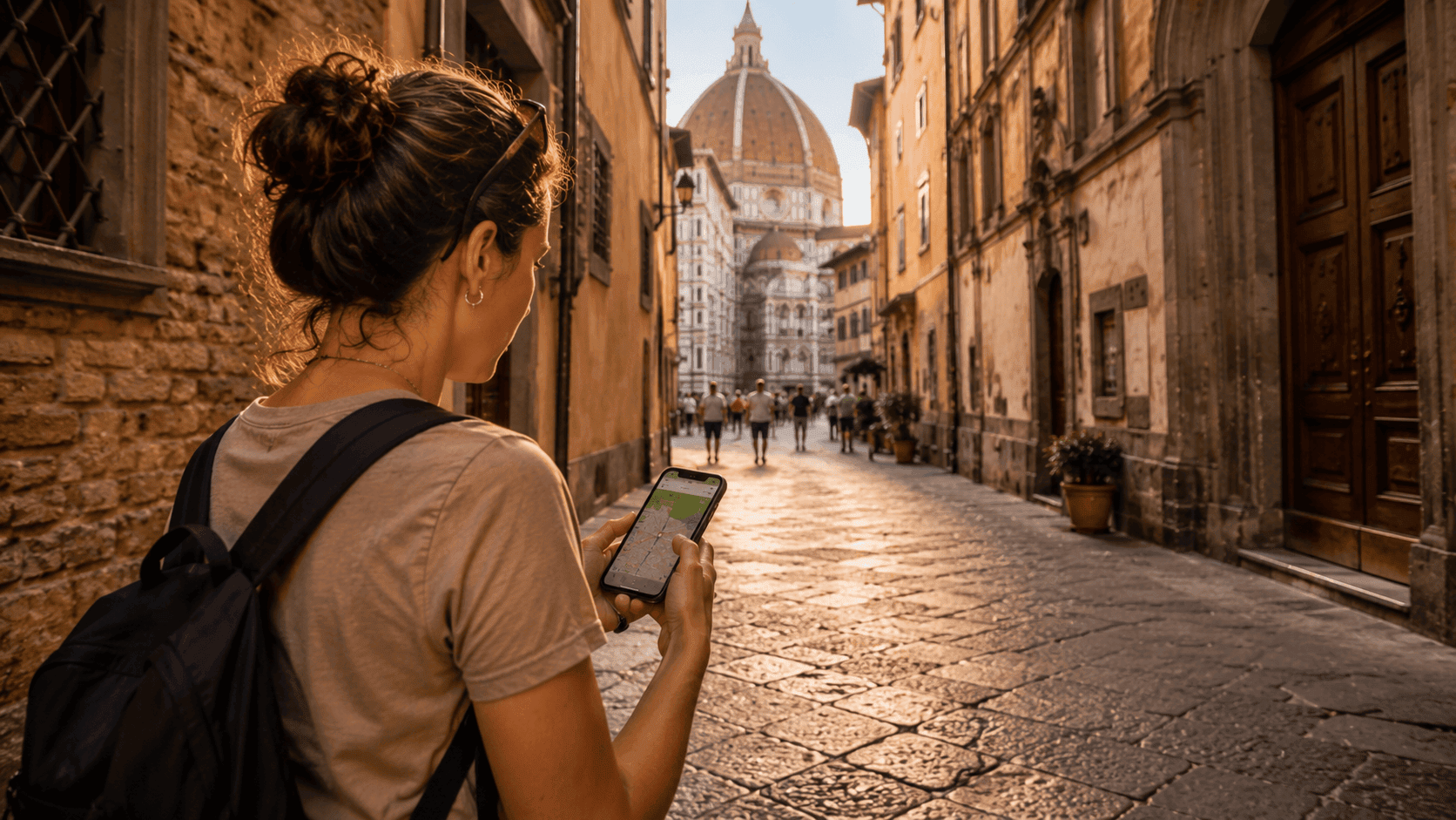 Best apps for solo travel in Florence solo traveler using smartphone navigation app on cobblestone street near Florence Duomo