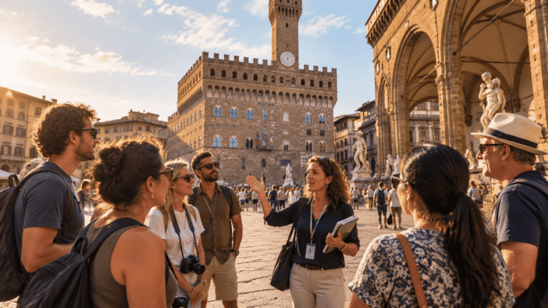 Best guided tours in Florence for solo travelers small group walking tour at Piazza della Signoria with guide explaining Renaissance art