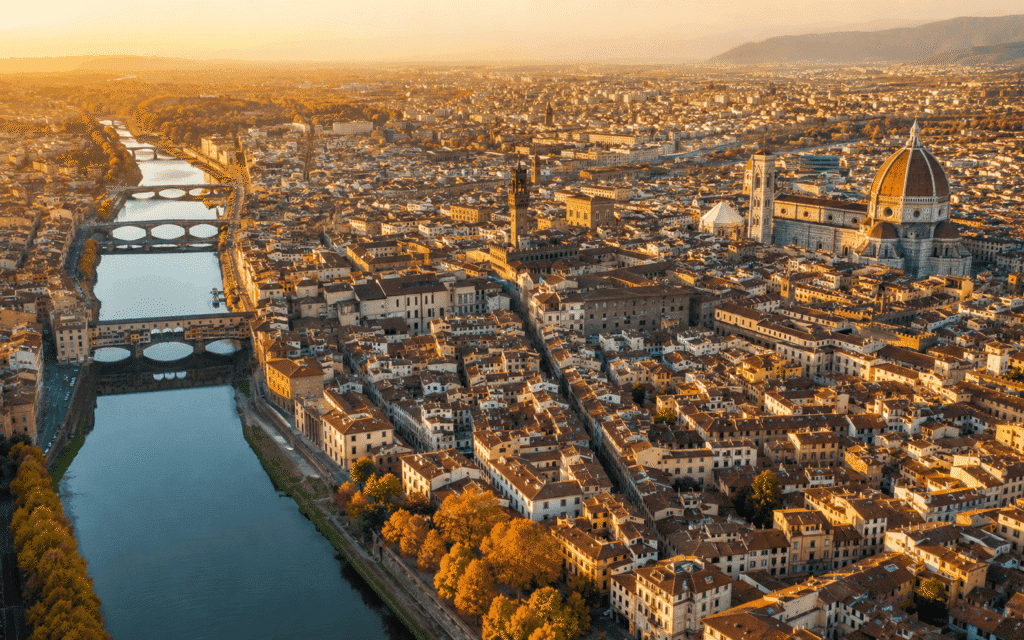 Best neighbourhood to stay in florence solo travel guide aerial view of Florence historic centre showing Duomo