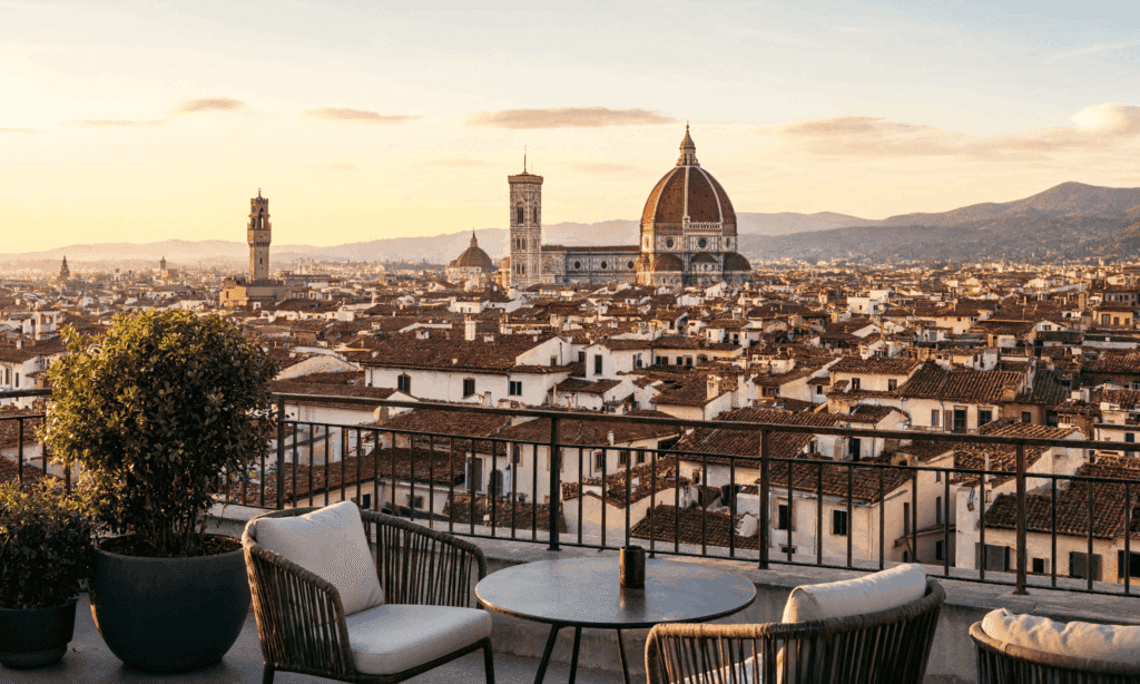 View from Florence hotel for solo travelers rooftop terrace view over Florence rooftops with Duomo