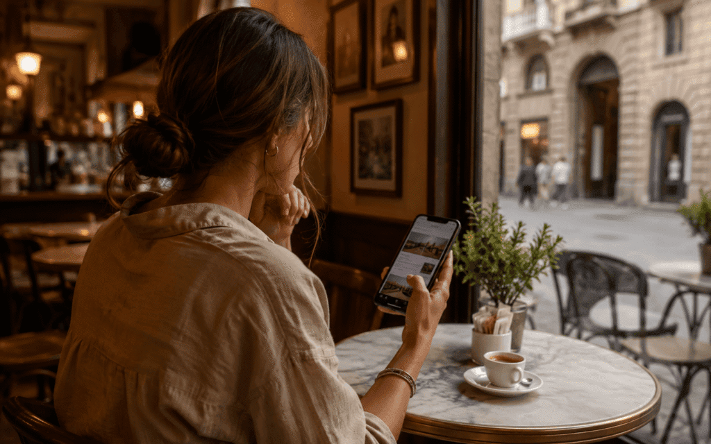 Florence booking checklist solo traveler booking Uffizi and Accademia tickets on smartphone while planning Florence itinerary at a café